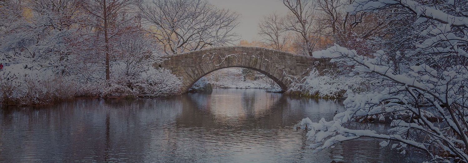 Gapstow Bridge in Central Park, dusted with snow in winter