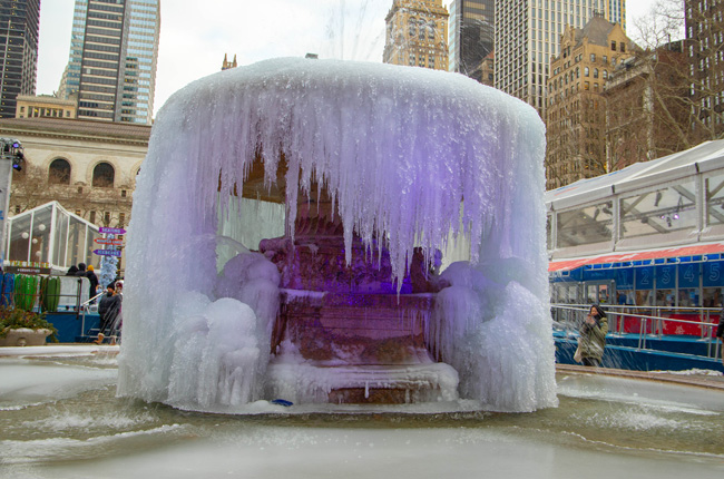 Frozen fountain at Bryant Park in winter