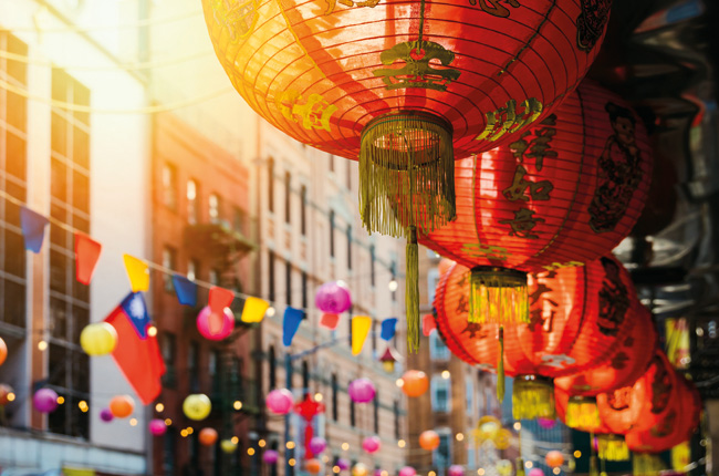 Red lanterns decorating a Chinatown street