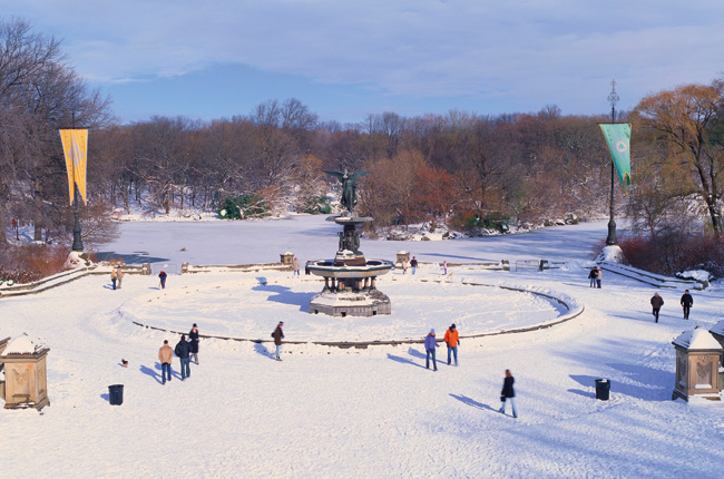 Bethesda Fountain in Central Park blanketed in snow