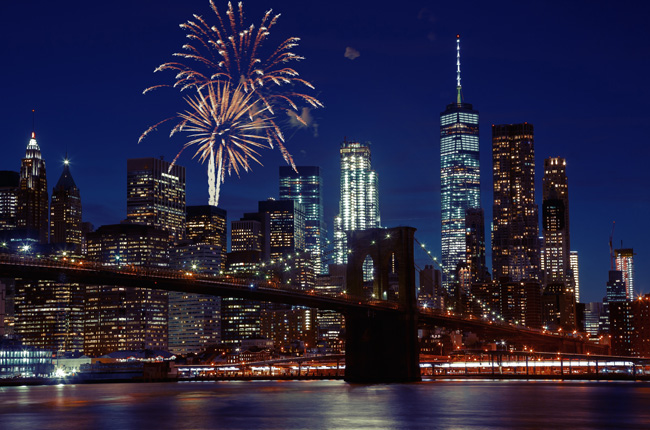 Fireworks over the NYC skyline and Brooklyn Bridge