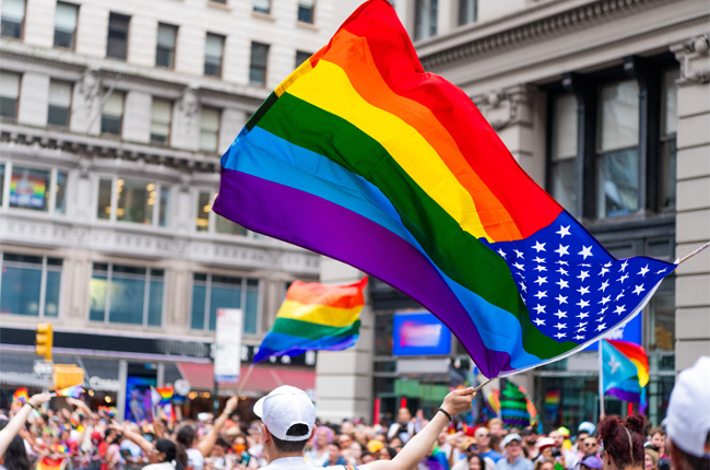 Rainbow flag waving at NYC Pride parade