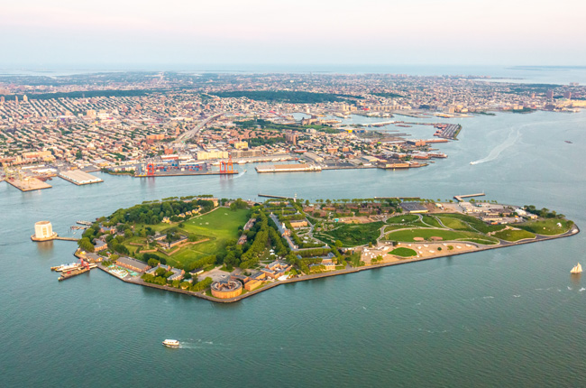 Aerial view of Governors Island in New York Harbor
