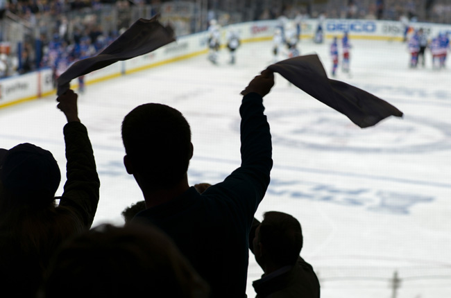 Fans cheering at a hockey game