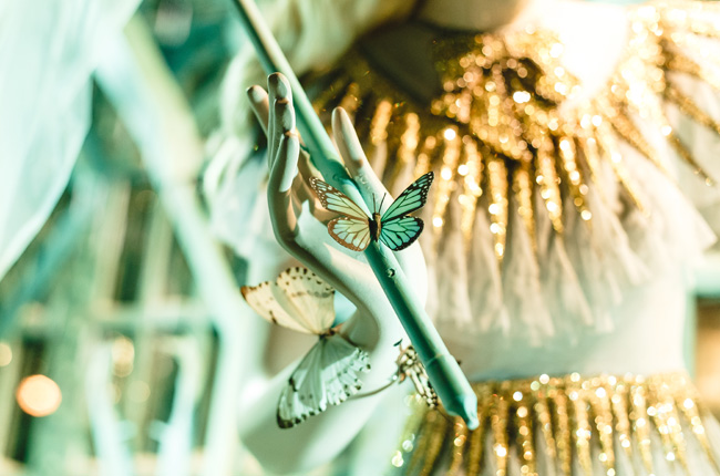 Mannequin hand with butterfly in a luxury store window display